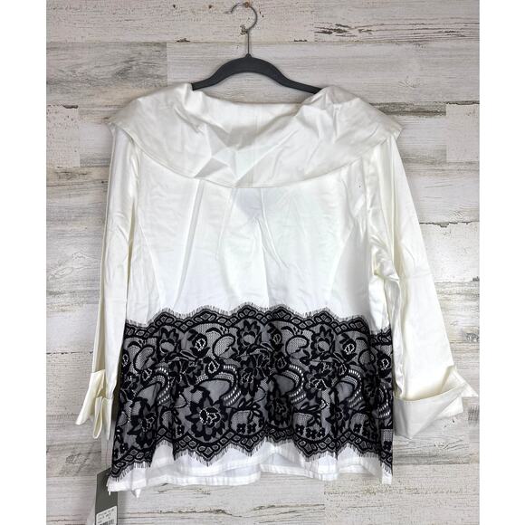 Go Silk Women’s Plus 1X White Blouse Black Lace Overlay Long Sleeve NEW Designer - Picture 2 of 7